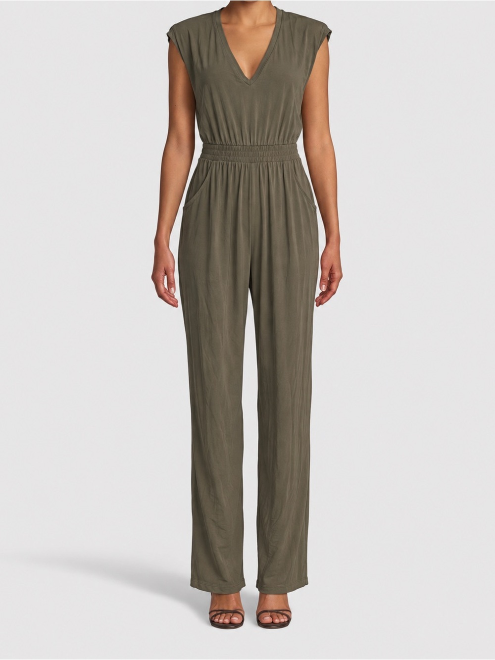 Nicole Miller XS Olive V-Neck Sleeveless Jumpsuit